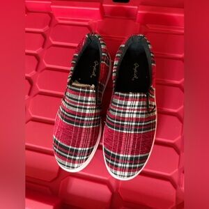 Red and Black Plaid Kids Sneakers CALL OUT-red dye on white rubber sole